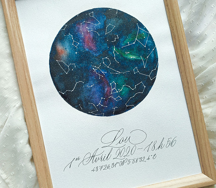 cadeau de naissance ciel étoilé fait main avec calligraphie personnalisée