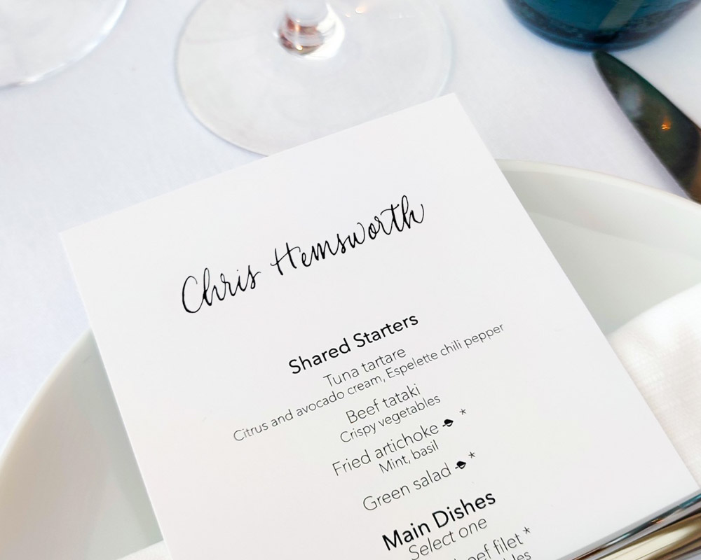 Menu porte nom calligraphie festival de cannes